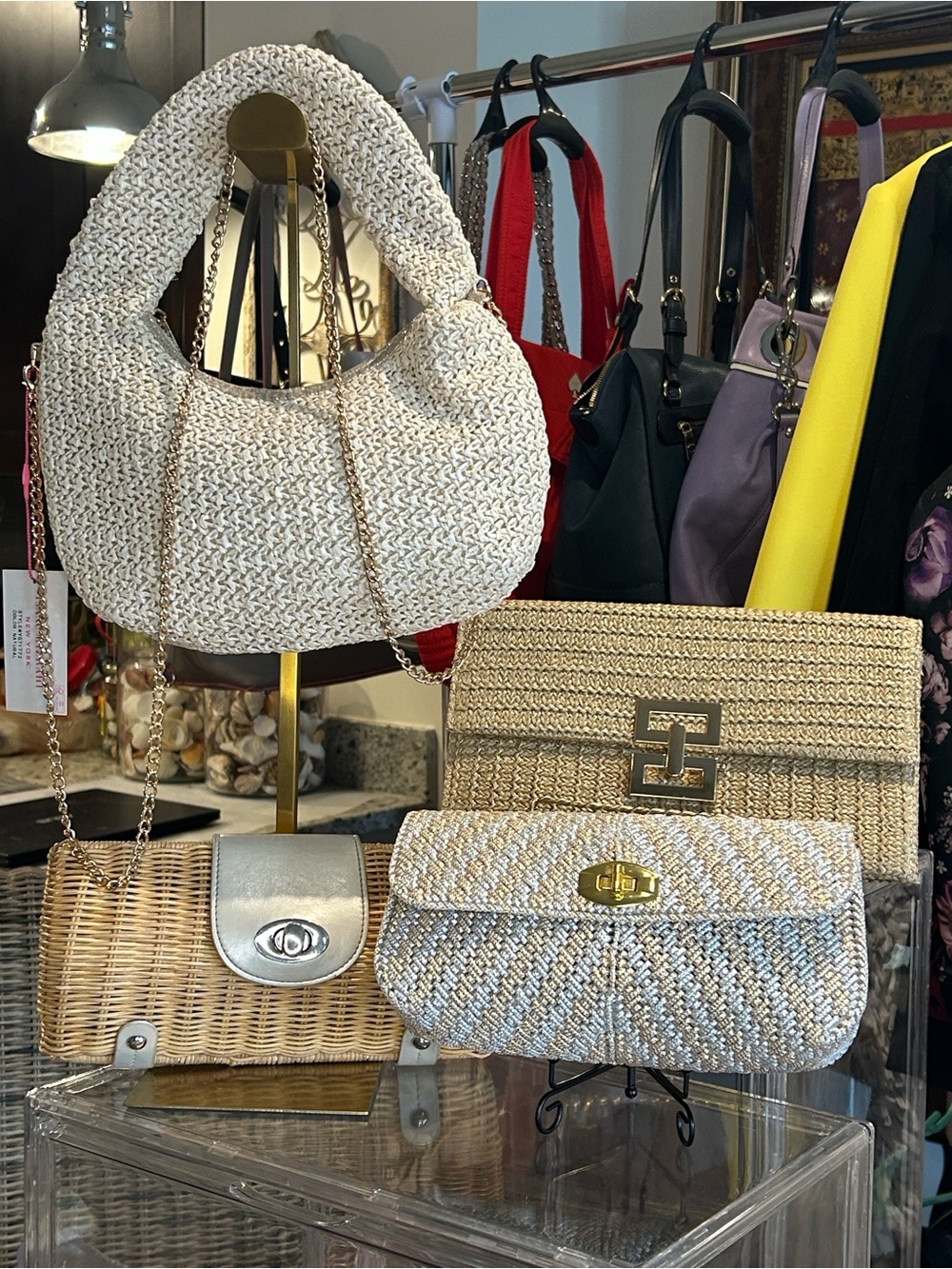 Woven Straw Bundle of 4 Shoulder & Wristlets Cream/Tan Gold/Silver Hardware New
